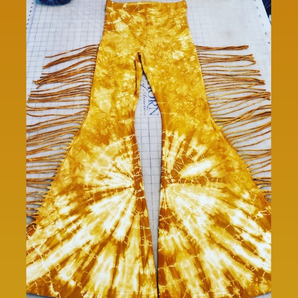 REGULAR LENGTH Tie Dye High Waisted Fringe Bell Bottoms - Festival Tie Dyed Pant - Picture 8 of 16